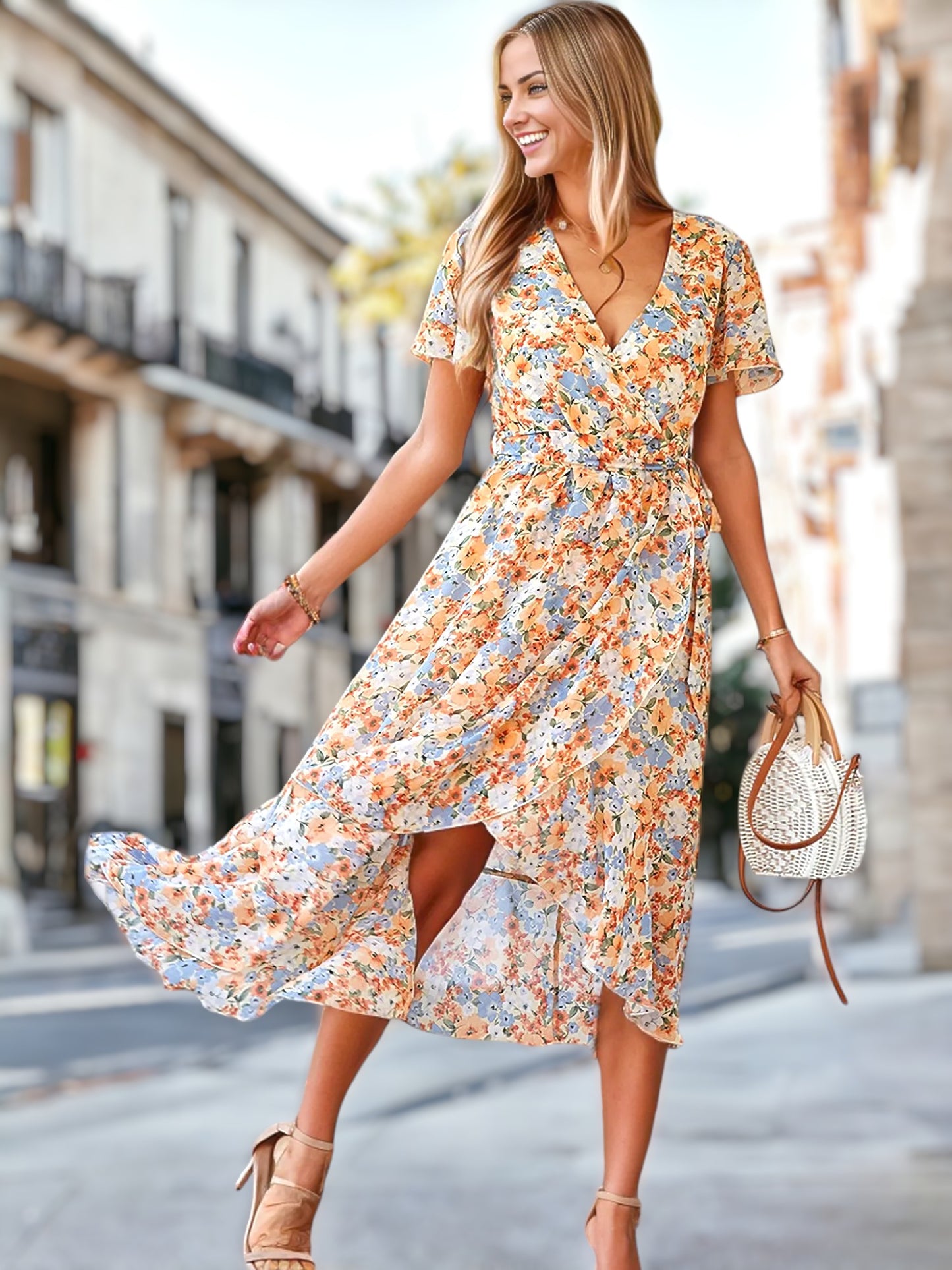 Floral Print Flutter Sleeve Wrap Dress