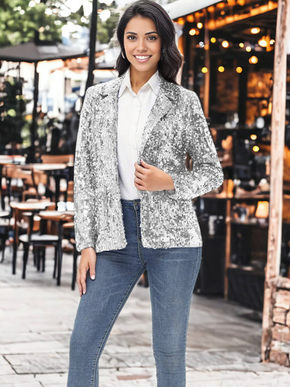 Glitter Long Sleeve Open Front Sparkle Party Blazer Jacket