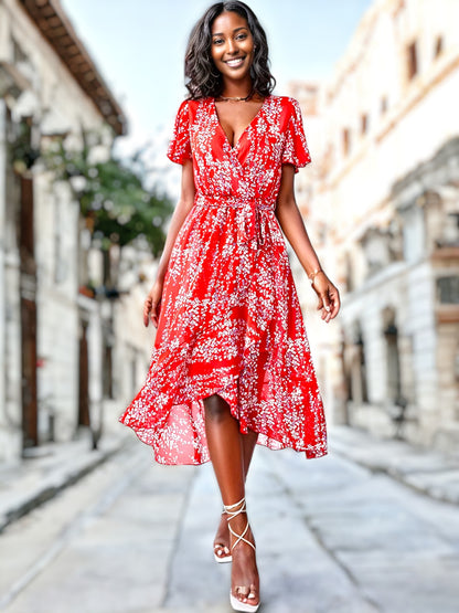 Floral Print Flutter Sleeve Wrap Dress