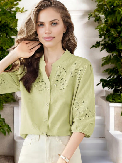 Anna-Kaci Women's Eyelet Embroidered 3/4 Sleeve Blouse with V-Neck