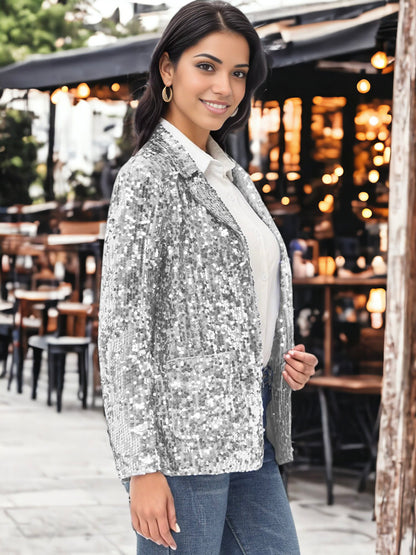 Glitter Long Sleeve Open Front Sparkle Party Blazer Jacket