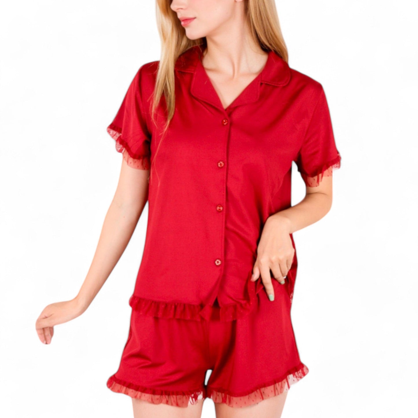 Anna-Kaci Women's Button-Up Short Sleeve Pajama Set with Ruffled Trim and Shorts