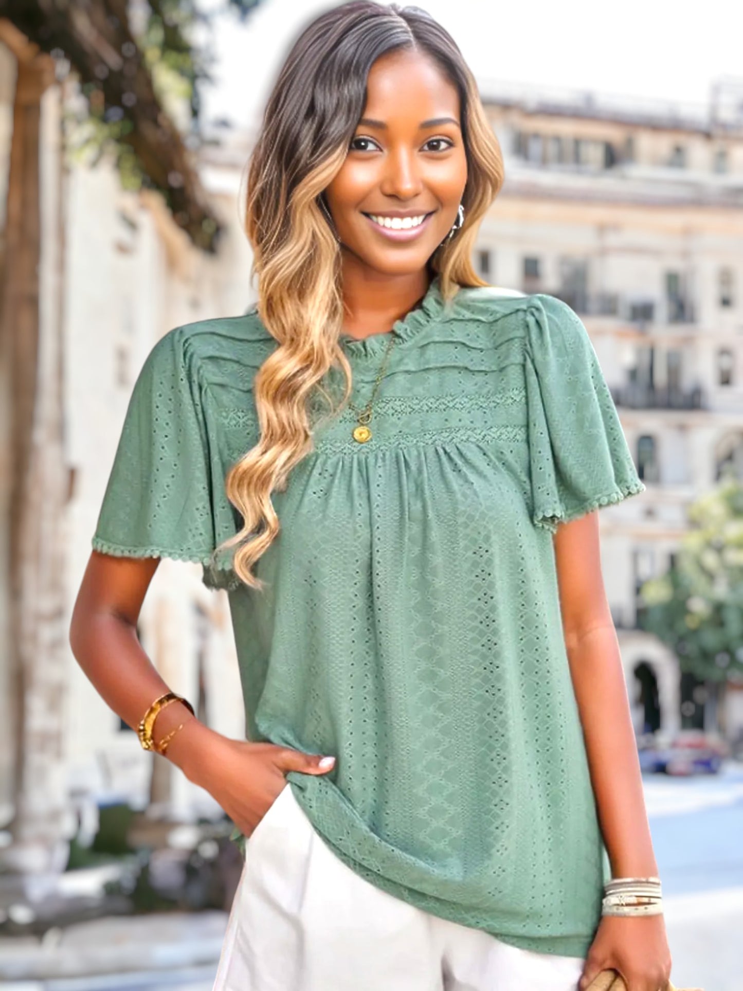 Pleated Detail Eyelet Blouse