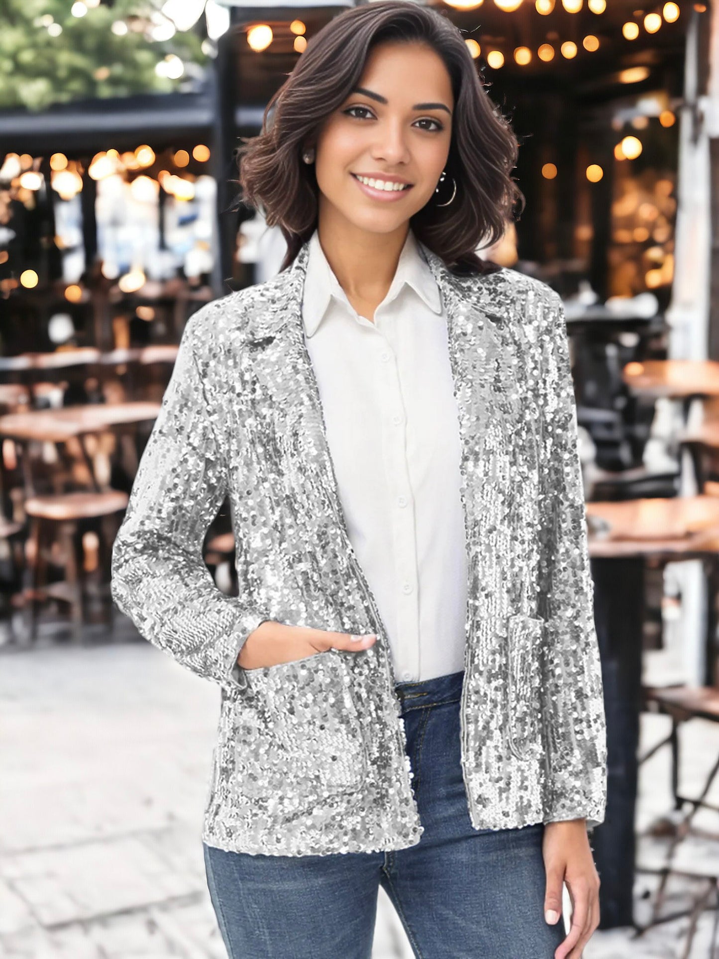 Glitter Long Sleeve Open Front Sparkle Party Blazer Jacket