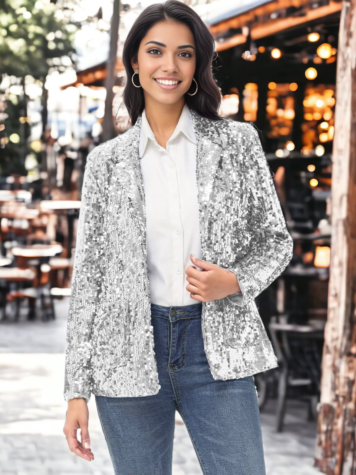 Glitter Long Sleeve Open Front Sparkle Party Blazer Jacket