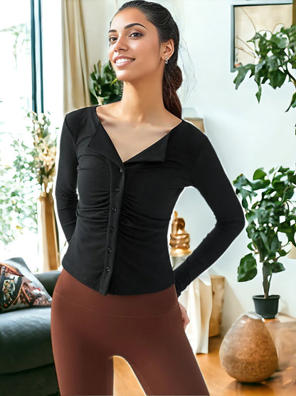 Buttoned Lapel  Pleated Long-Sleeved Fitness Cardigan