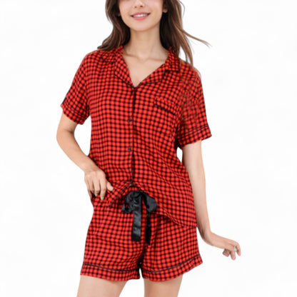 Anna-Kaci Women's Short Sleeve Button-Up Plaid Pajama Set with Drawstring Shorts