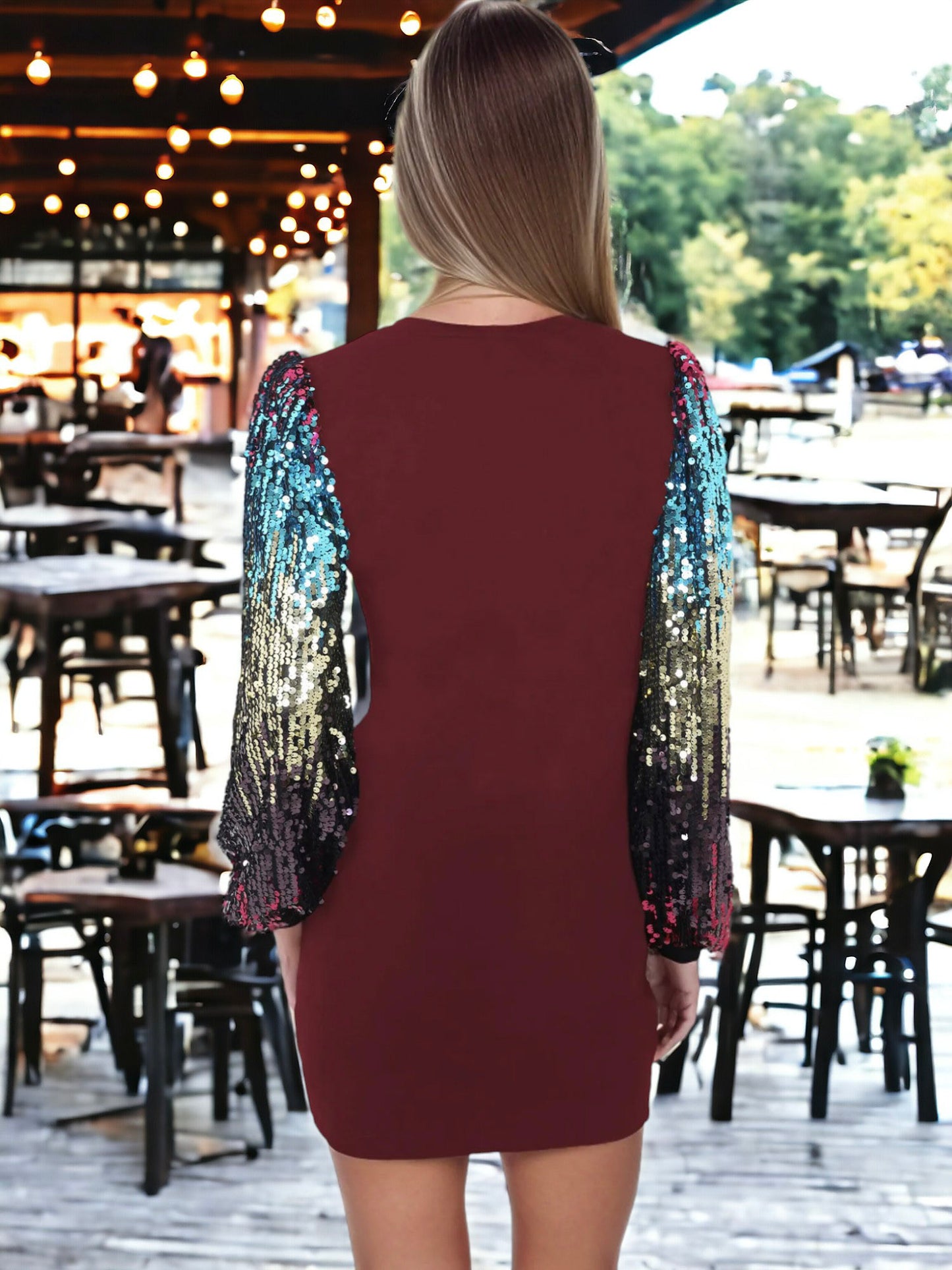 Confetti Sequin Bishop Long Sleeve Round Neck Pullover Dress