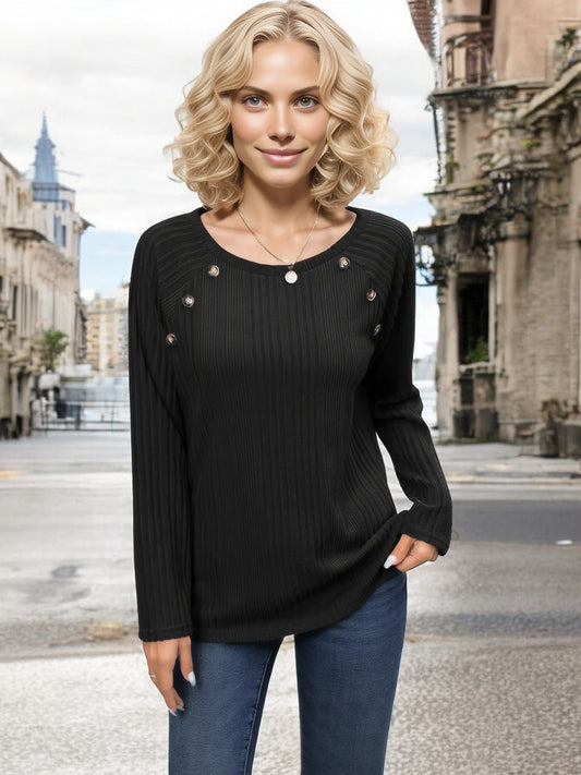 Anna-Kaci Women's Long Sleeve Ribbed Knit Top with Button Detail and Scoop Neckline