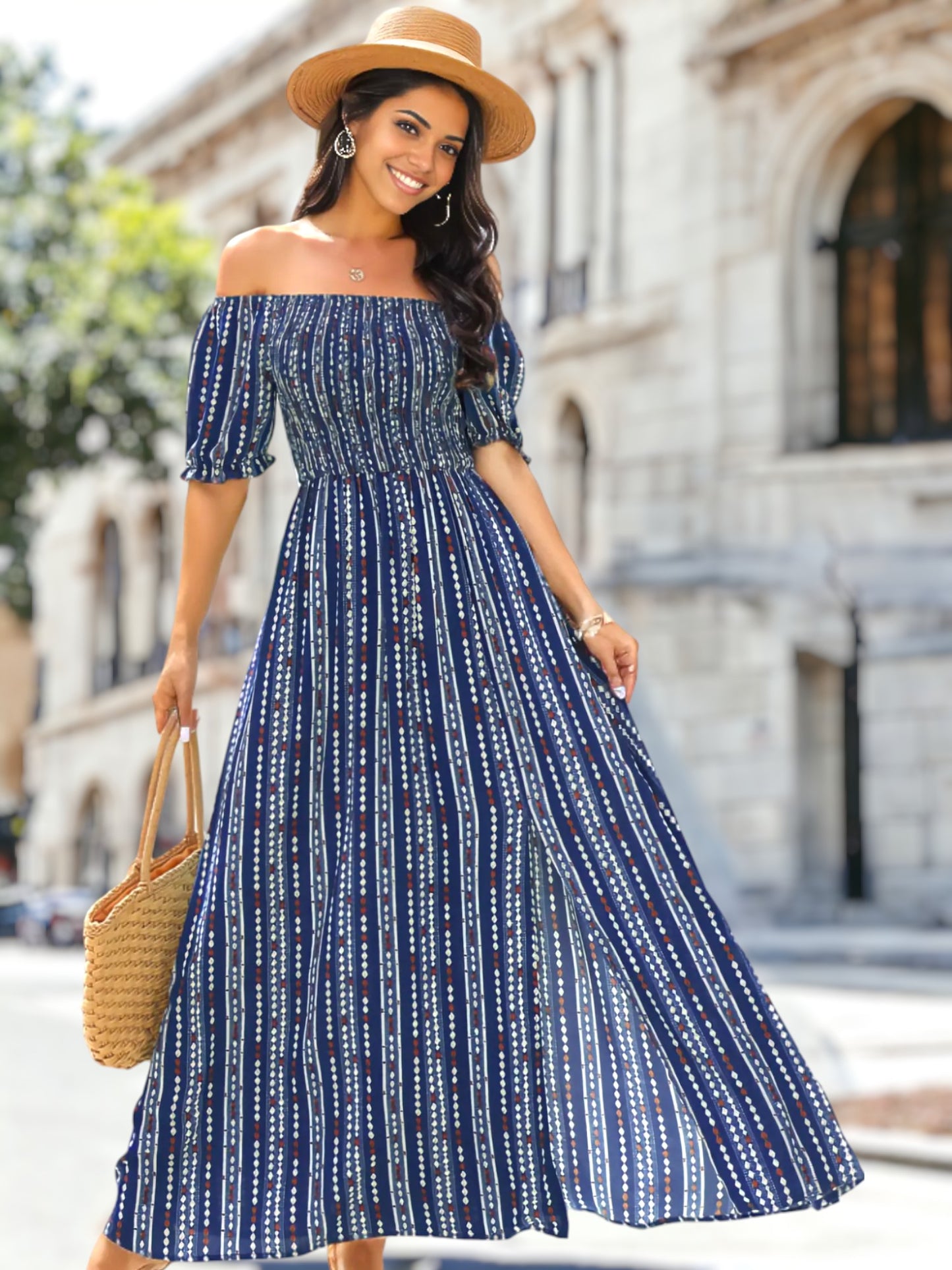 Vestido con cuello recto y estampado geométrico