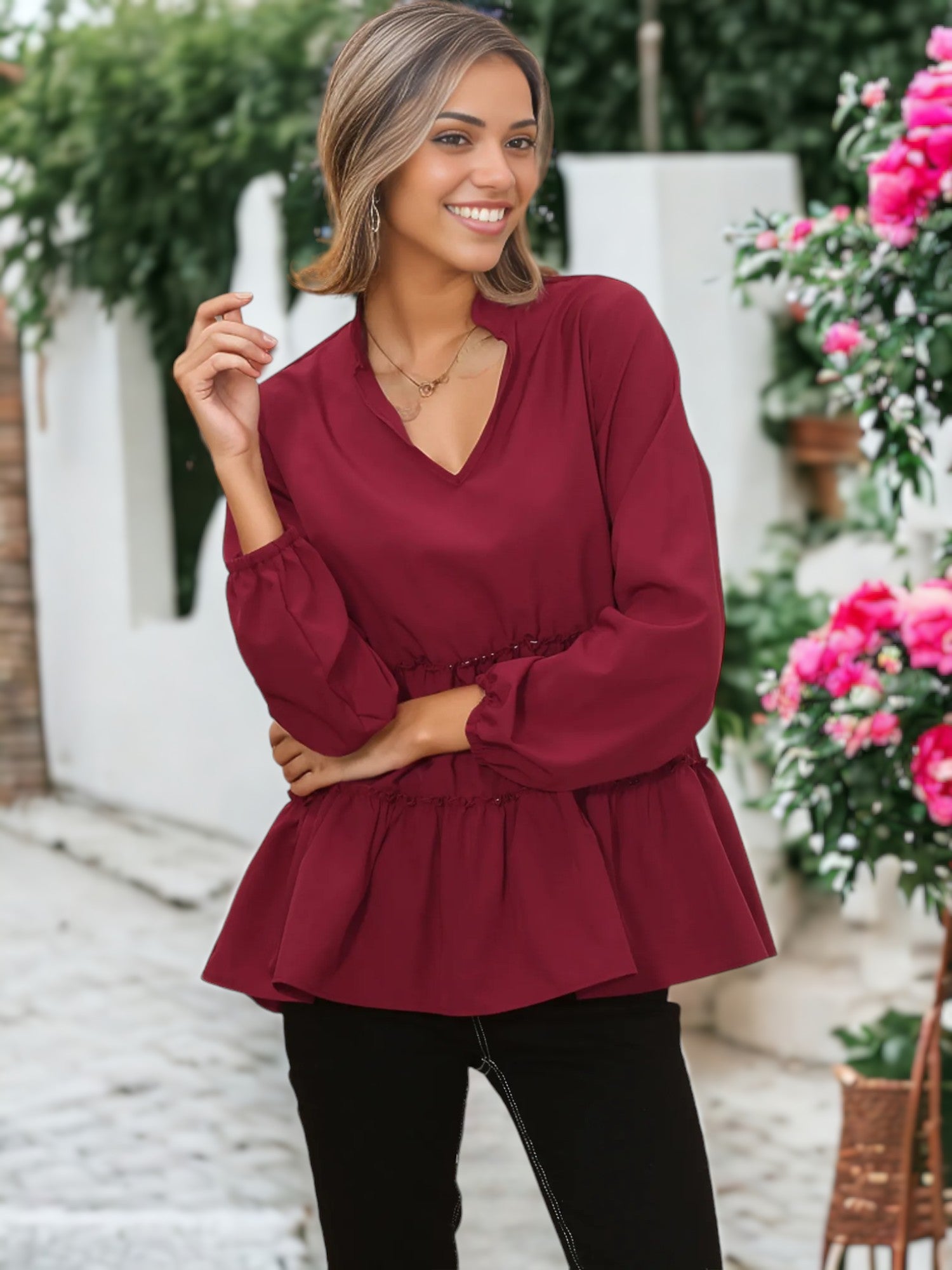 Mandarin Collar V Neck Bishop Sleeve Ruffle Hem Blouse for Women – Anna-Kaci