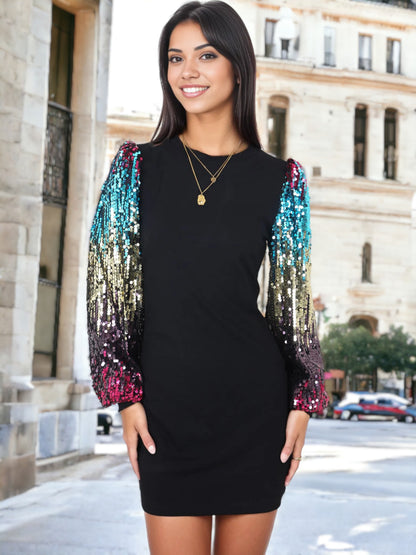 Confetti Sequin Bishop Long Sleeve Round Neck Pullover Dress