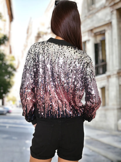 Sequin Ombre Sparkle Bomber Zip-Up Jacket