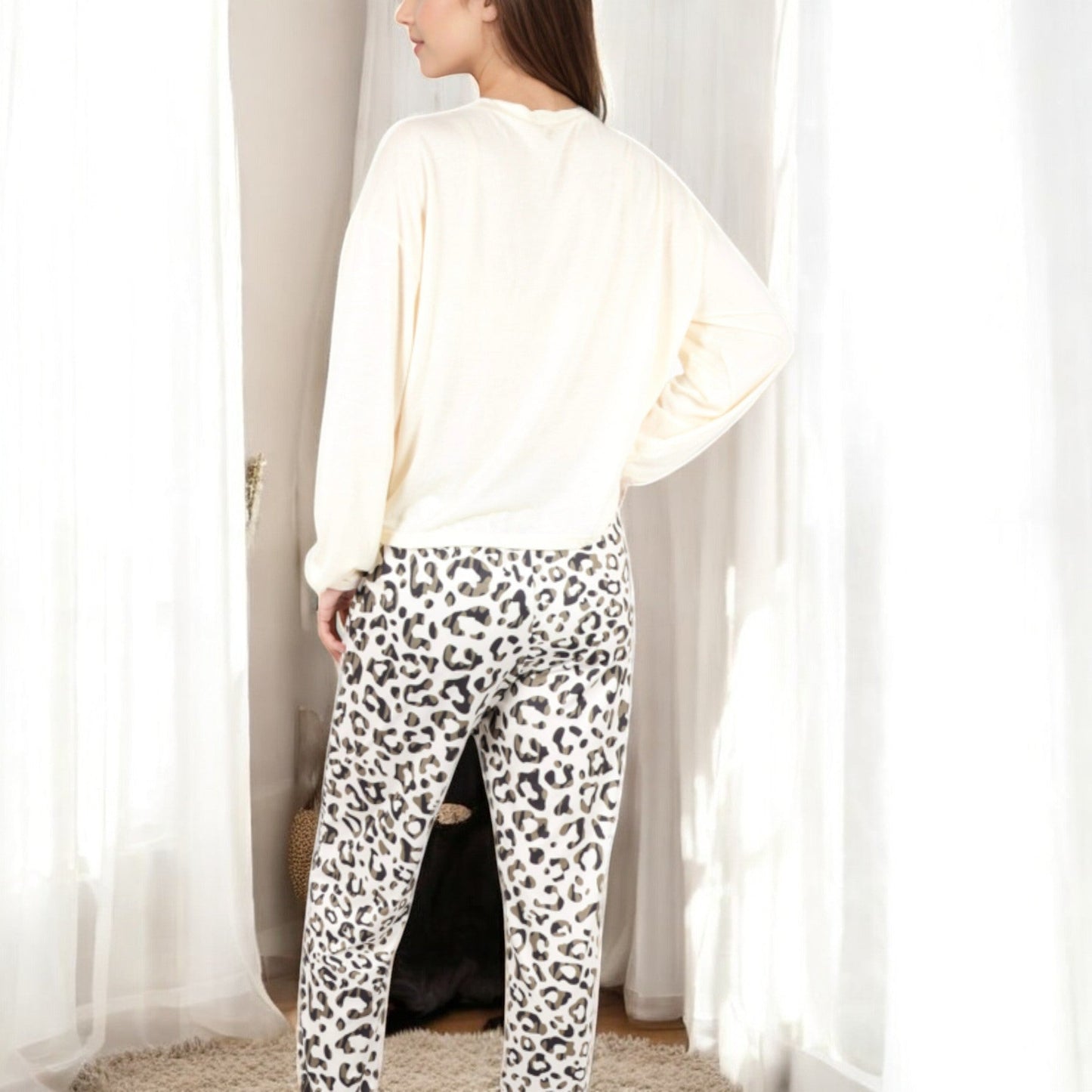 Anna-Kaci Women's Long Sleeve Pajama Set with Leopard Print Drawstring Pants and Chest Pocket