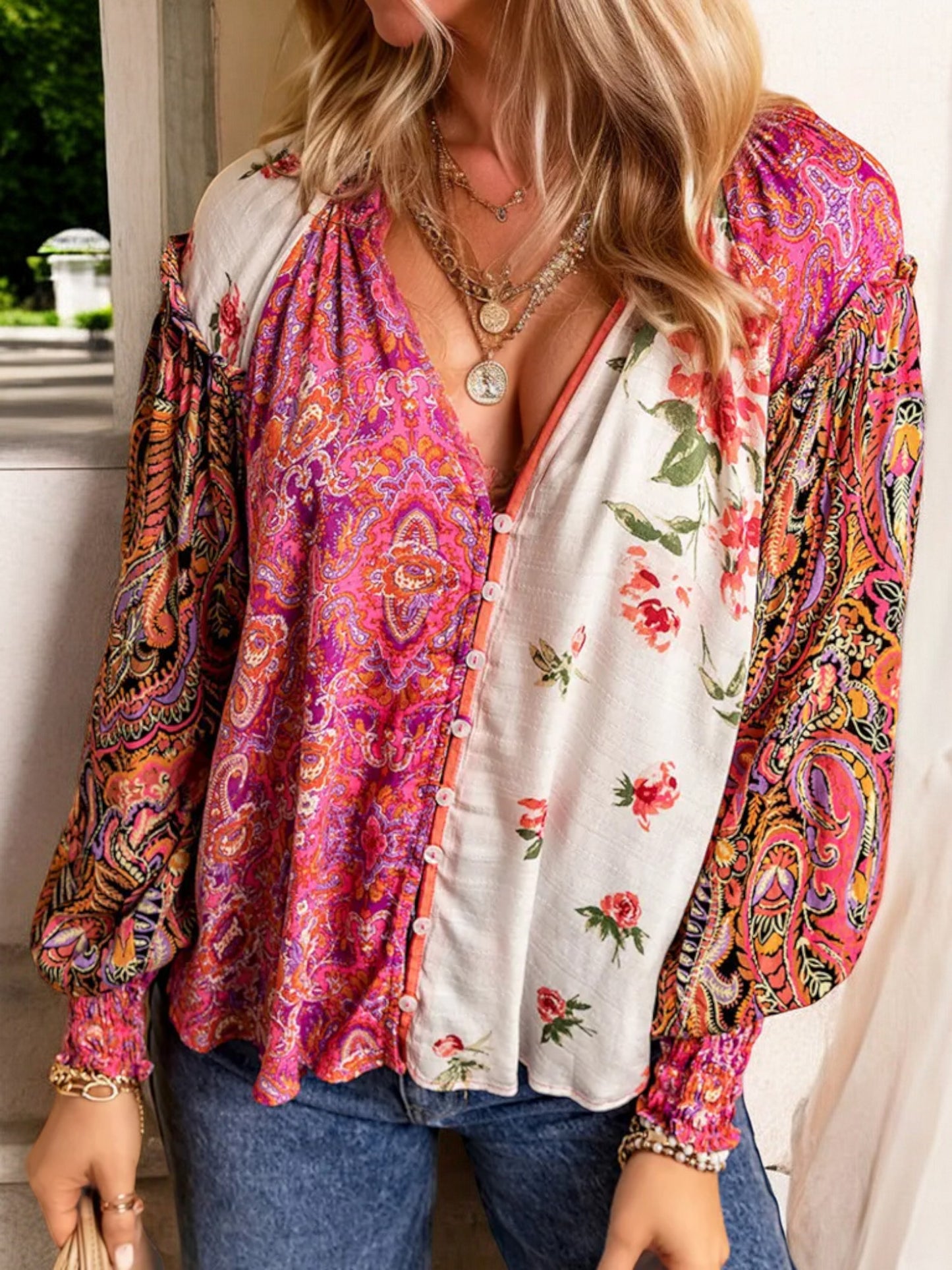 Anna-Kaci Women's Bohemian Patchwork V-Neck Long Sleeve Blouse with Mixed Floral and Paisley Print