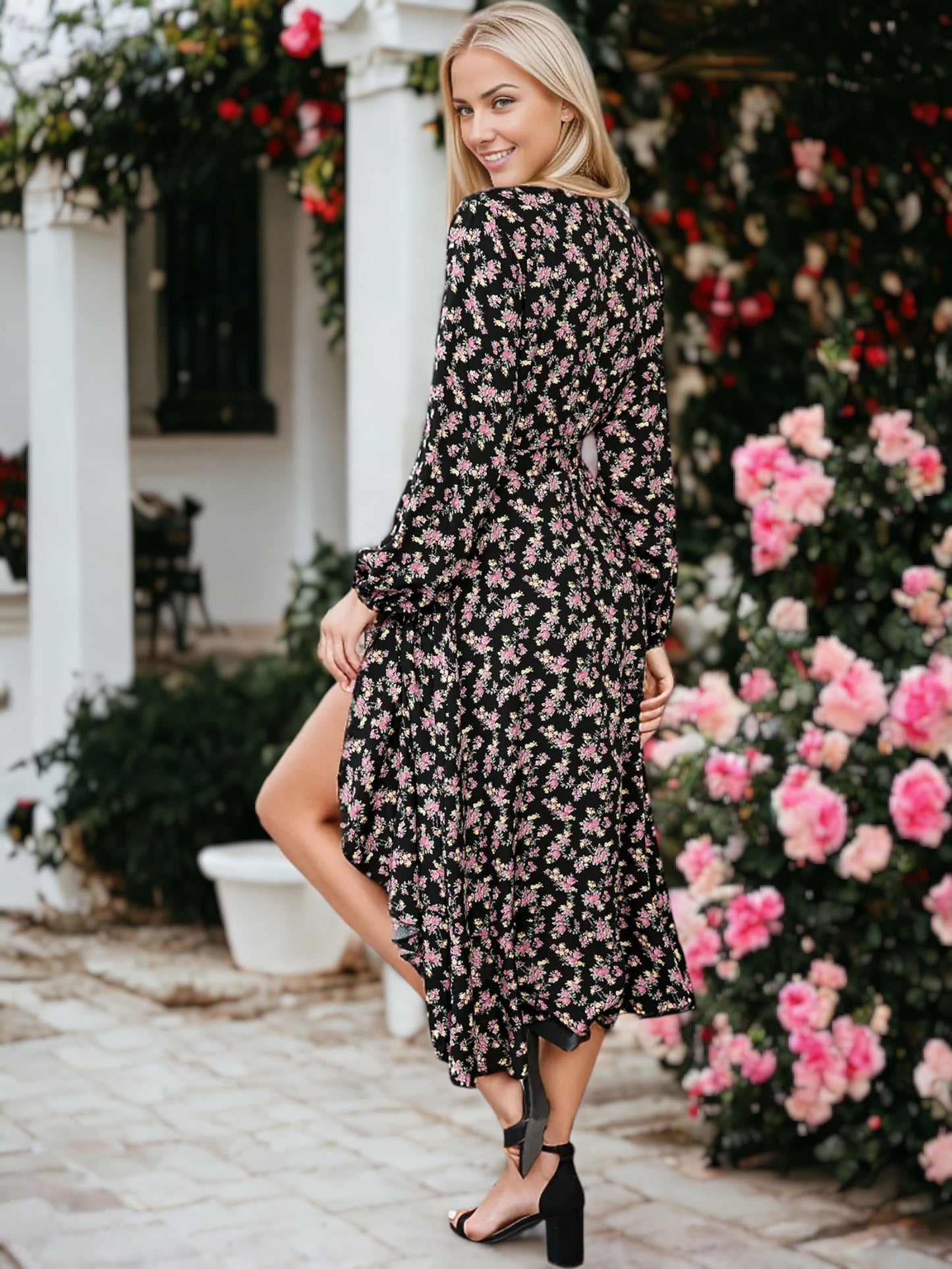 Vestido midi con escote en V, dobladillo con volantes y estampado floral