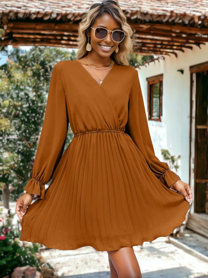 Cross Front V Neck Long Bishop Sleeve Flared Dress