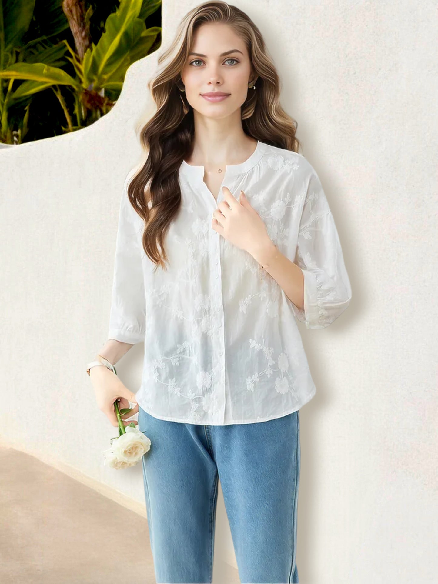 Anna-Kaci Women's Lightweight Button-Down Blouse with Subtle Floral Embroidery