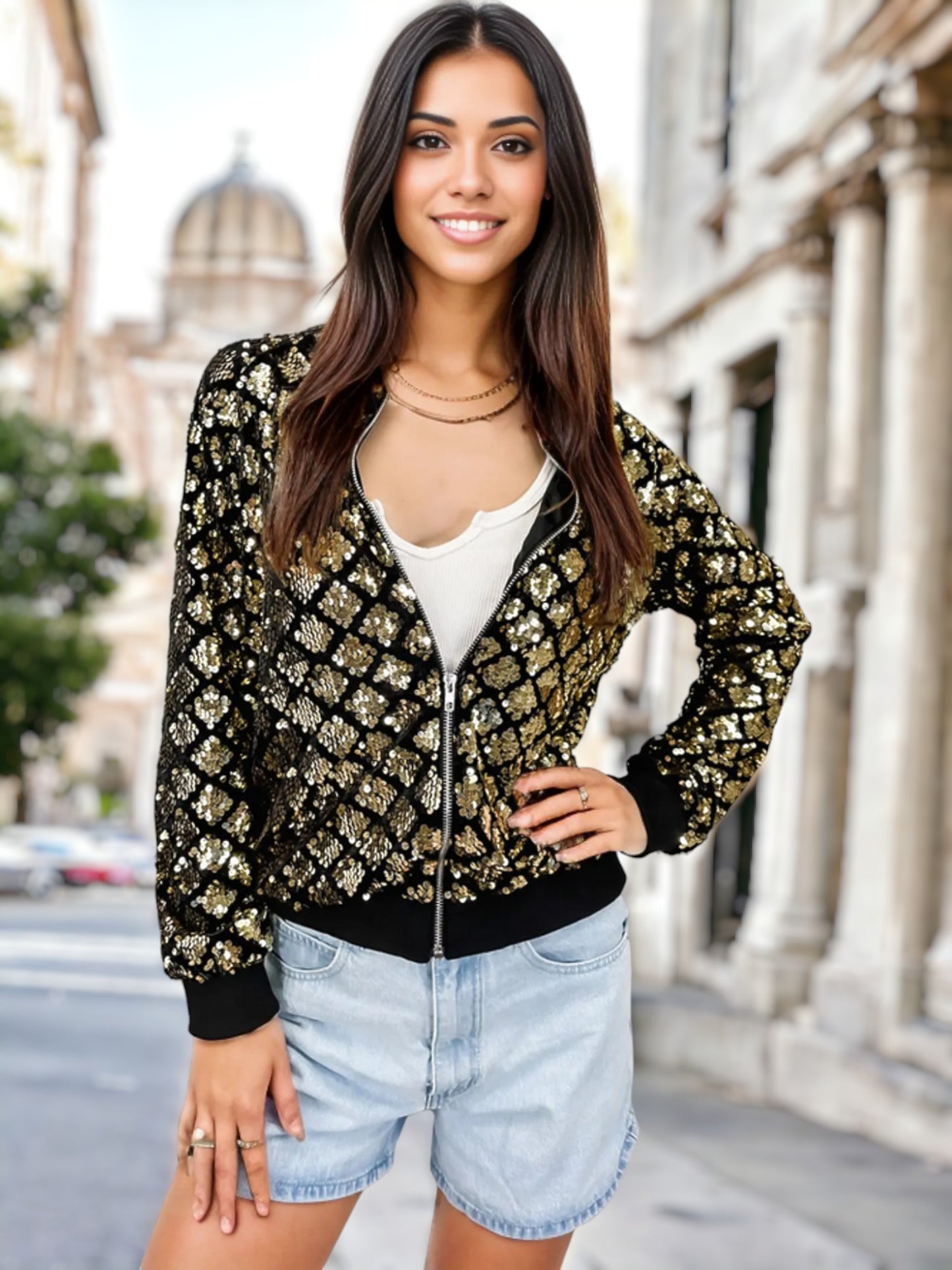 Sequin Unique Pattern Bomber Zip-Up Jacket