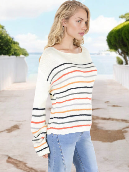 Anna-Kaci Women's Oversized Striped Knit Sweater with Drop Shoulder and Round Neckline