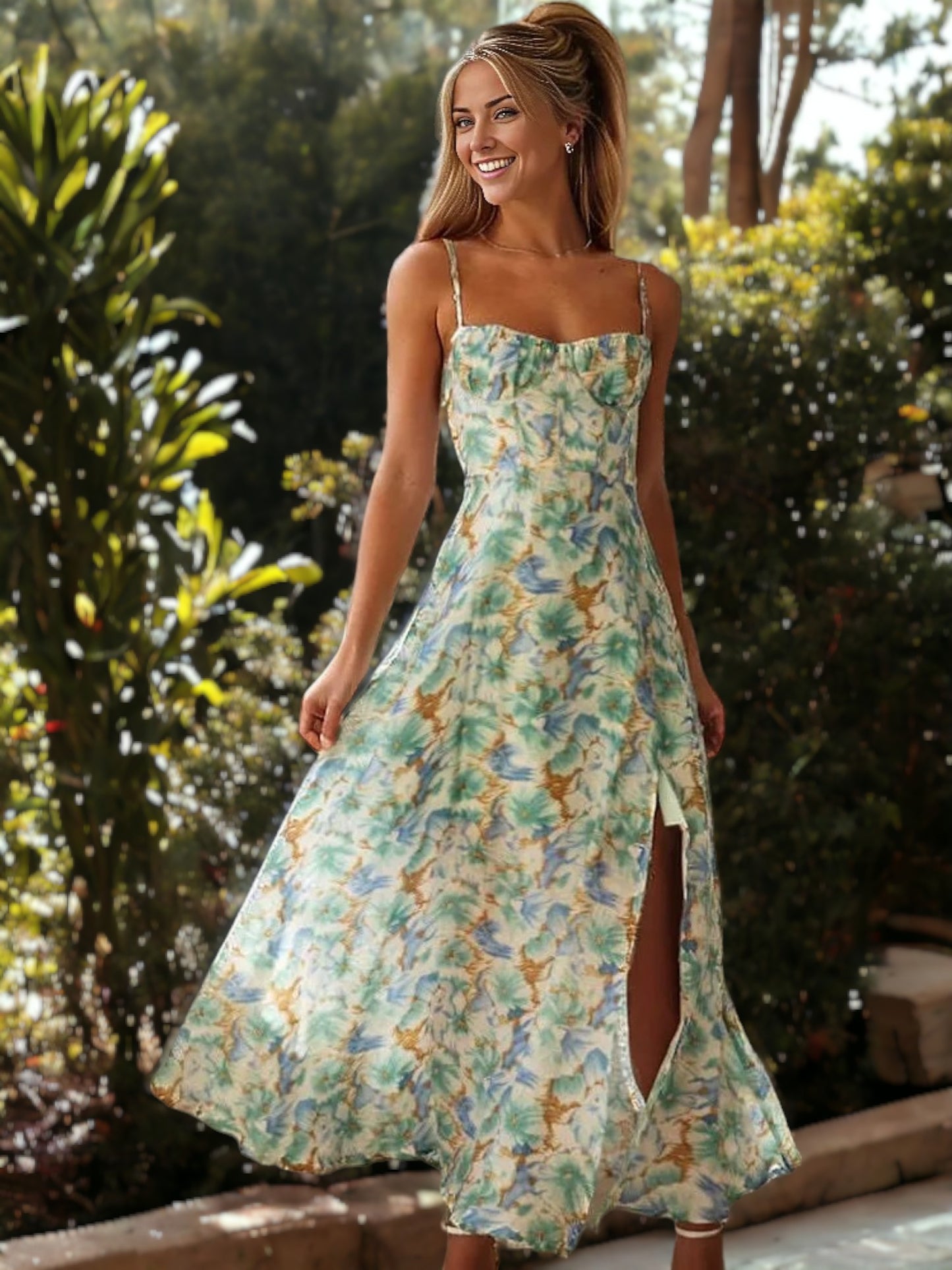 Floral Printed Spaghetti Strap Backless Slit Maxi Dress