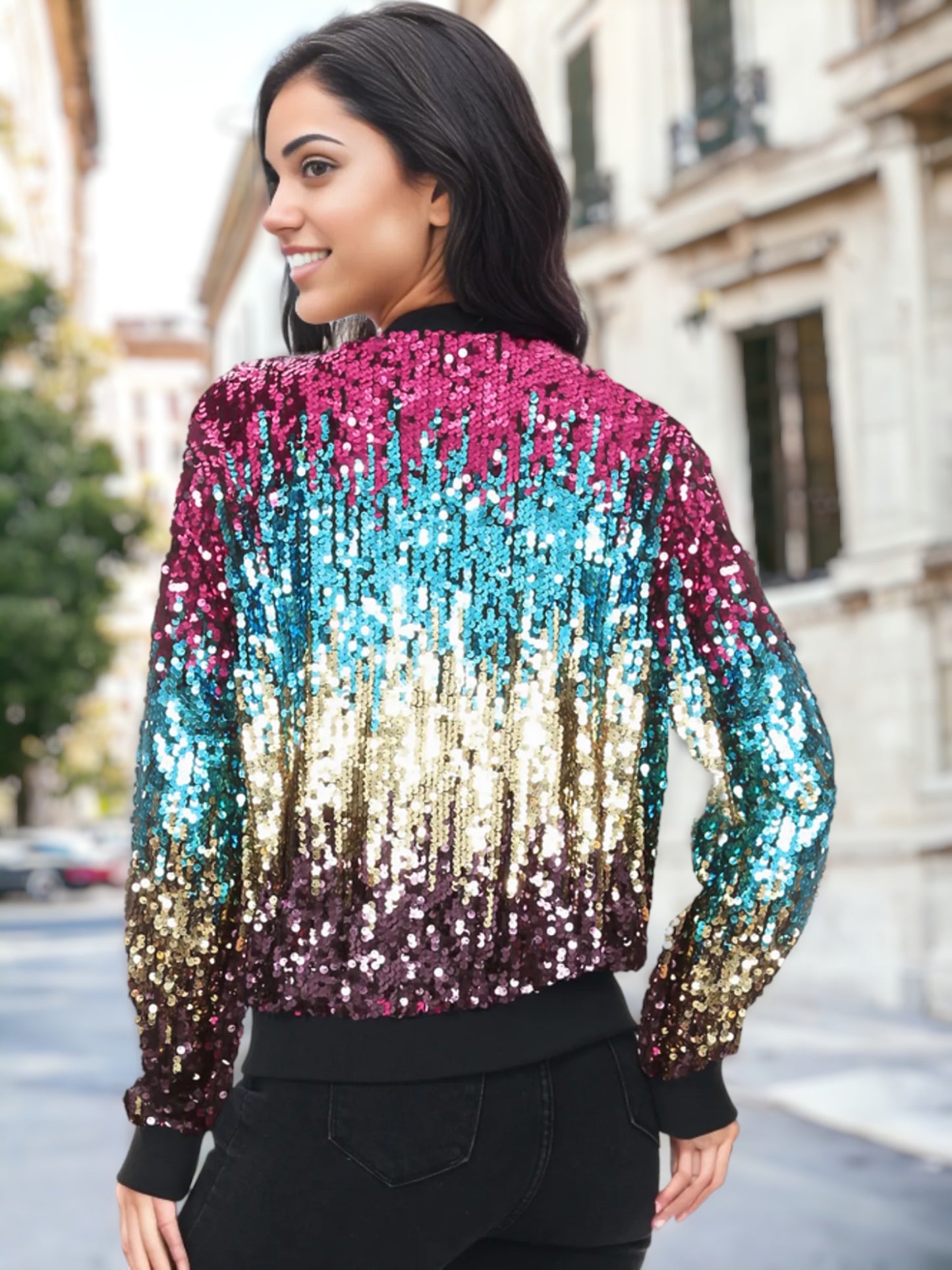 Sequin Ombre Sparkle Bomber Zip-Up Jacket