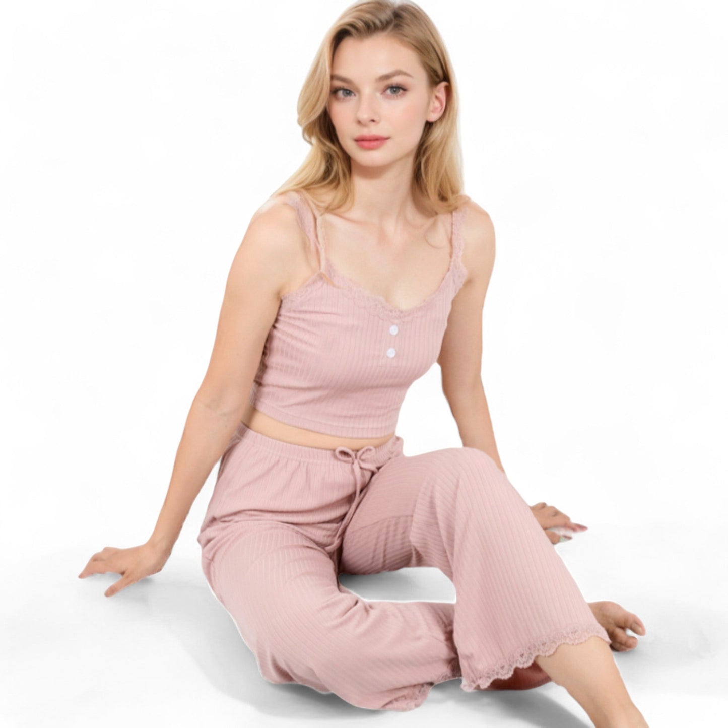 Anna-Kaci Women's Ribbed Tank and Drawstring Pants Lounge Set with Lace Trim