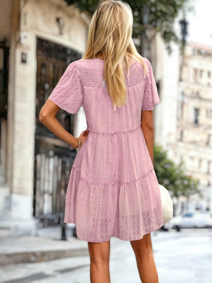 Shirred Round Neck Tiered Dress