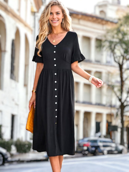 Contrast Button Empire Waist Classic Dress