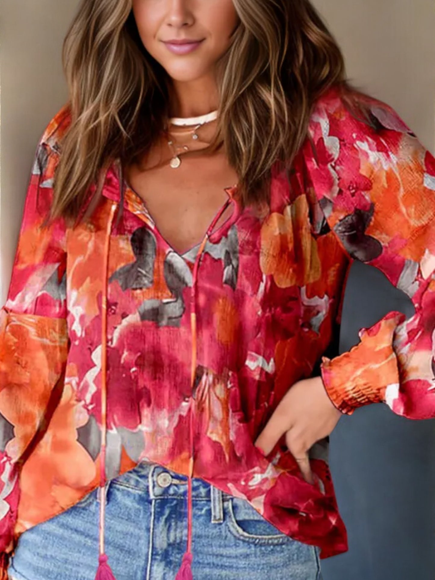 Anna-Kaci Women's Long Sleeve Floral Print Bohemian Blouse with Tassel Ties