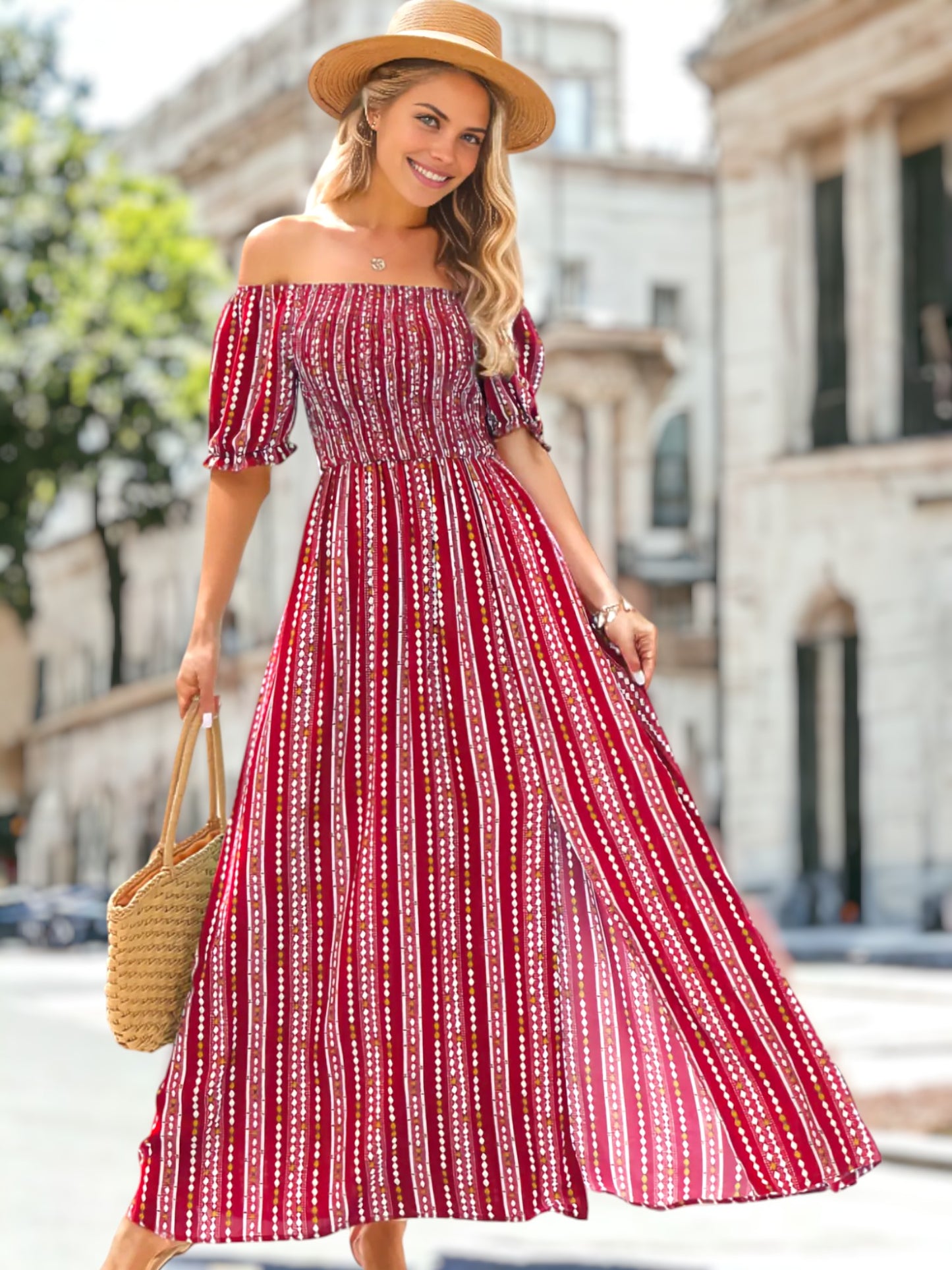 Vestido con cuello recto y estampado geométrico