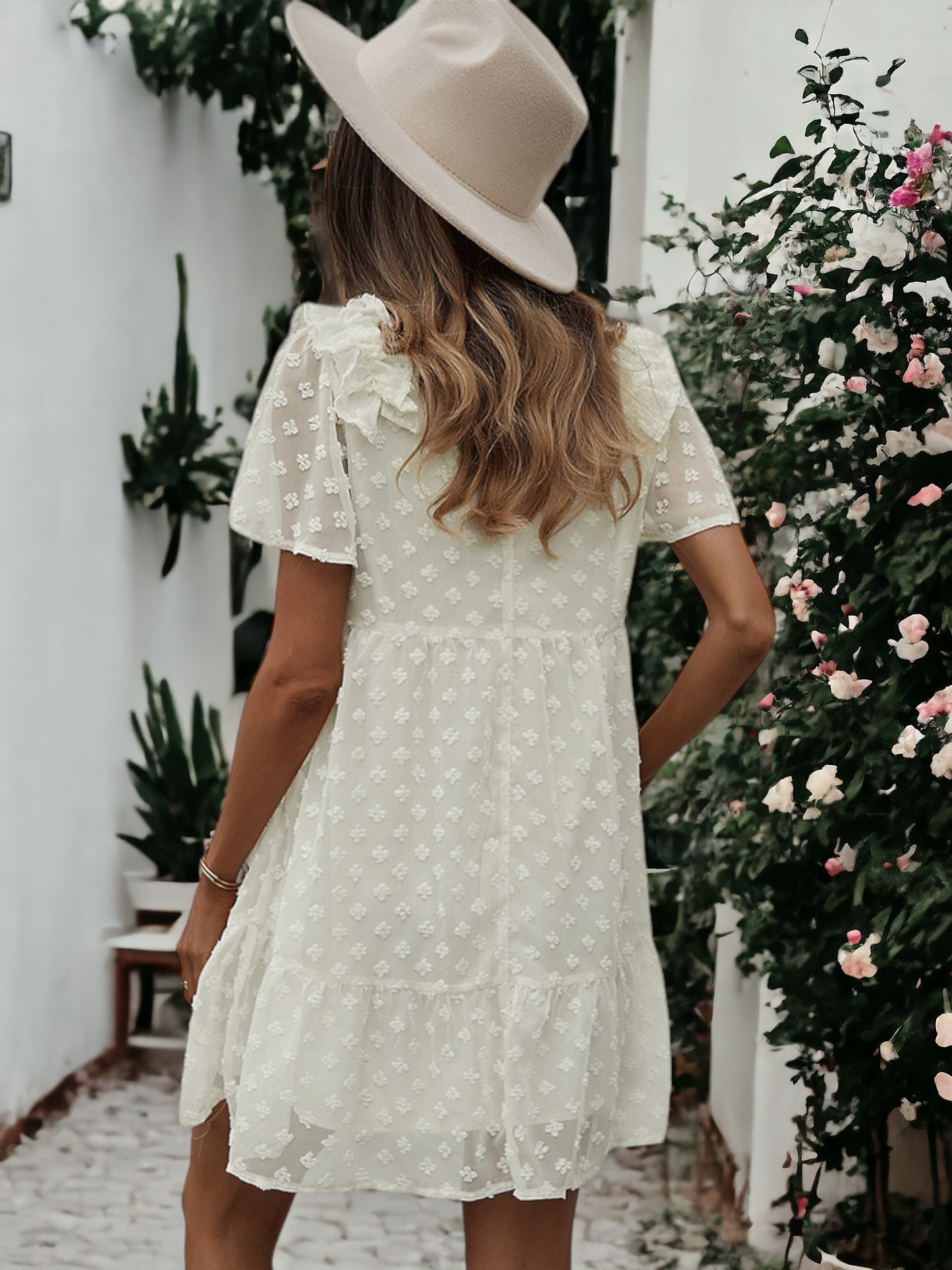 Ruffle Shoulder Textured Floral Dress