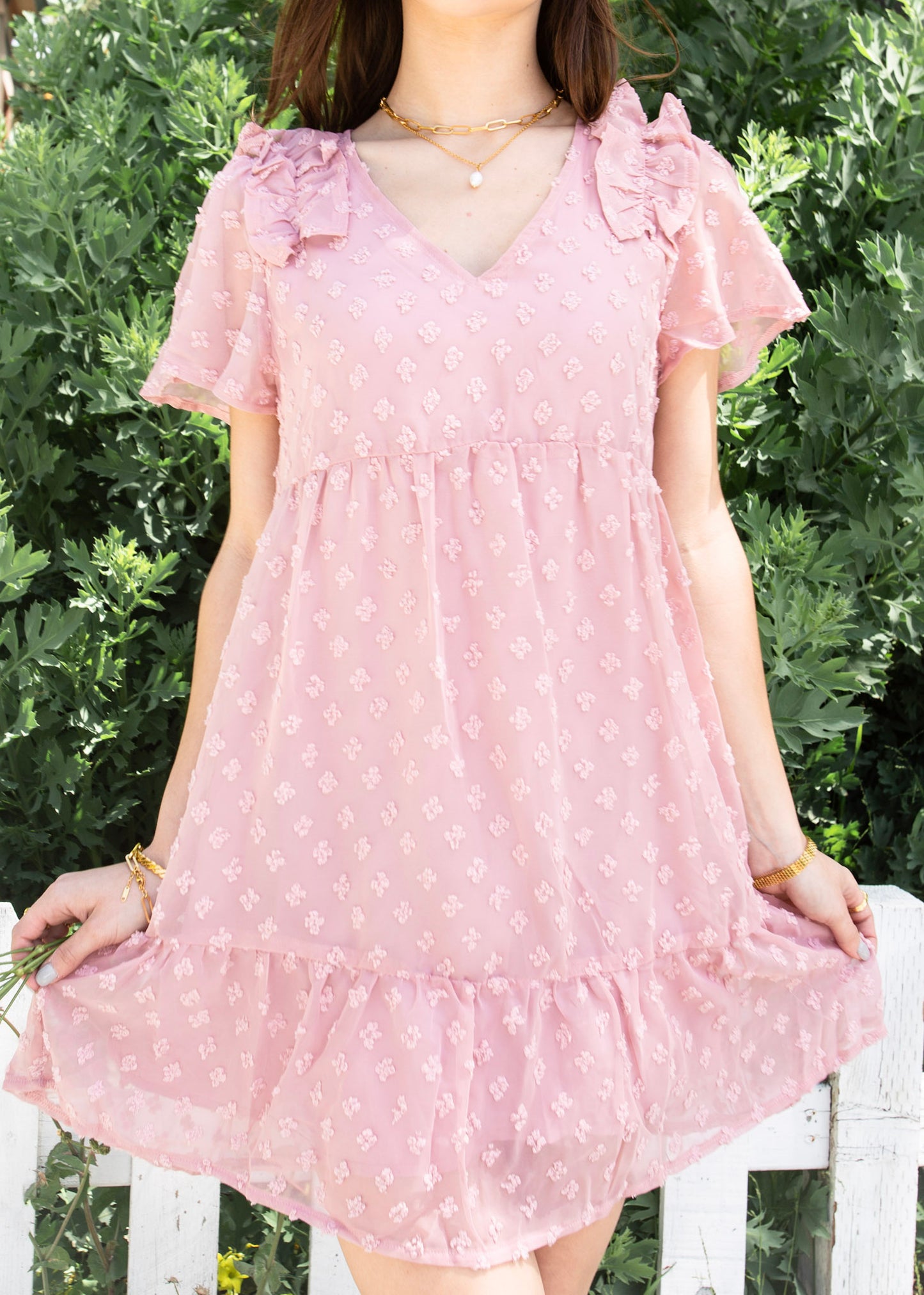 Ruffle Shoulder Textured Babydoll Dress