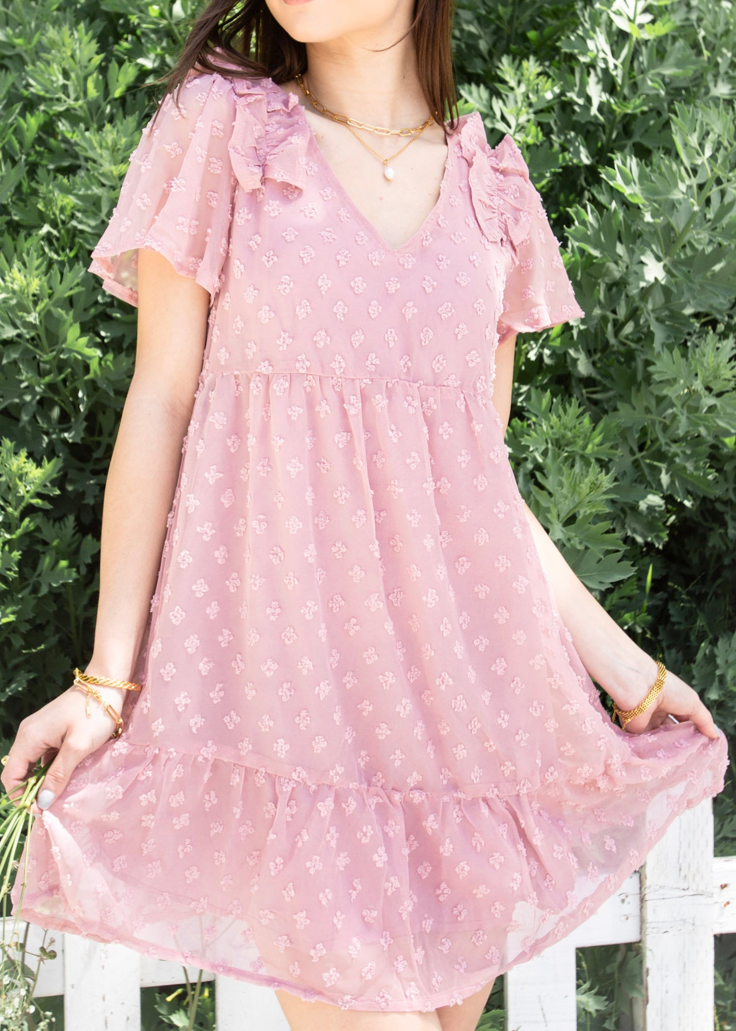 Ruffle Shoulder Textured Babydoll Dress