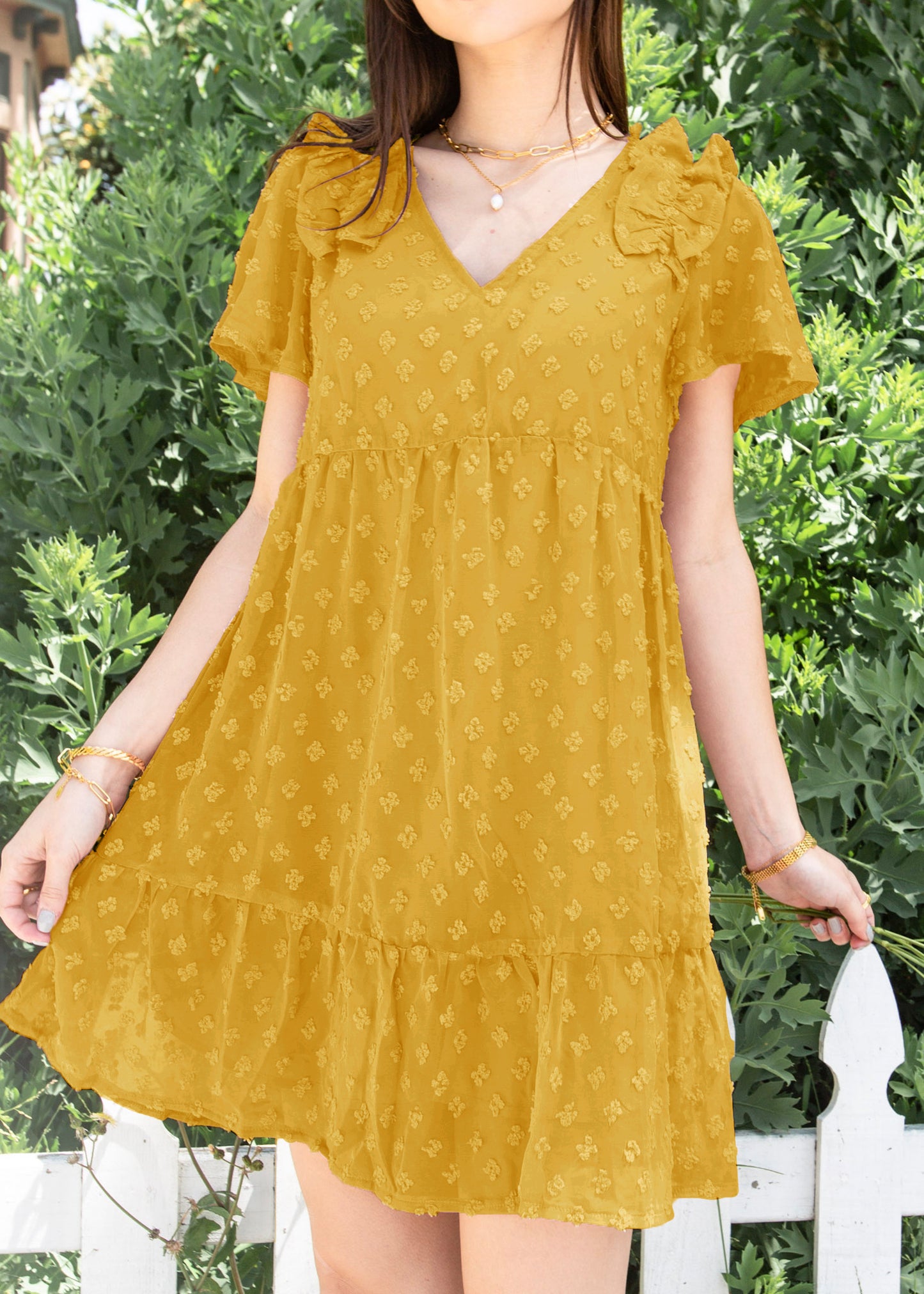 Ruffle Shoulder Textured Babydoll Dress