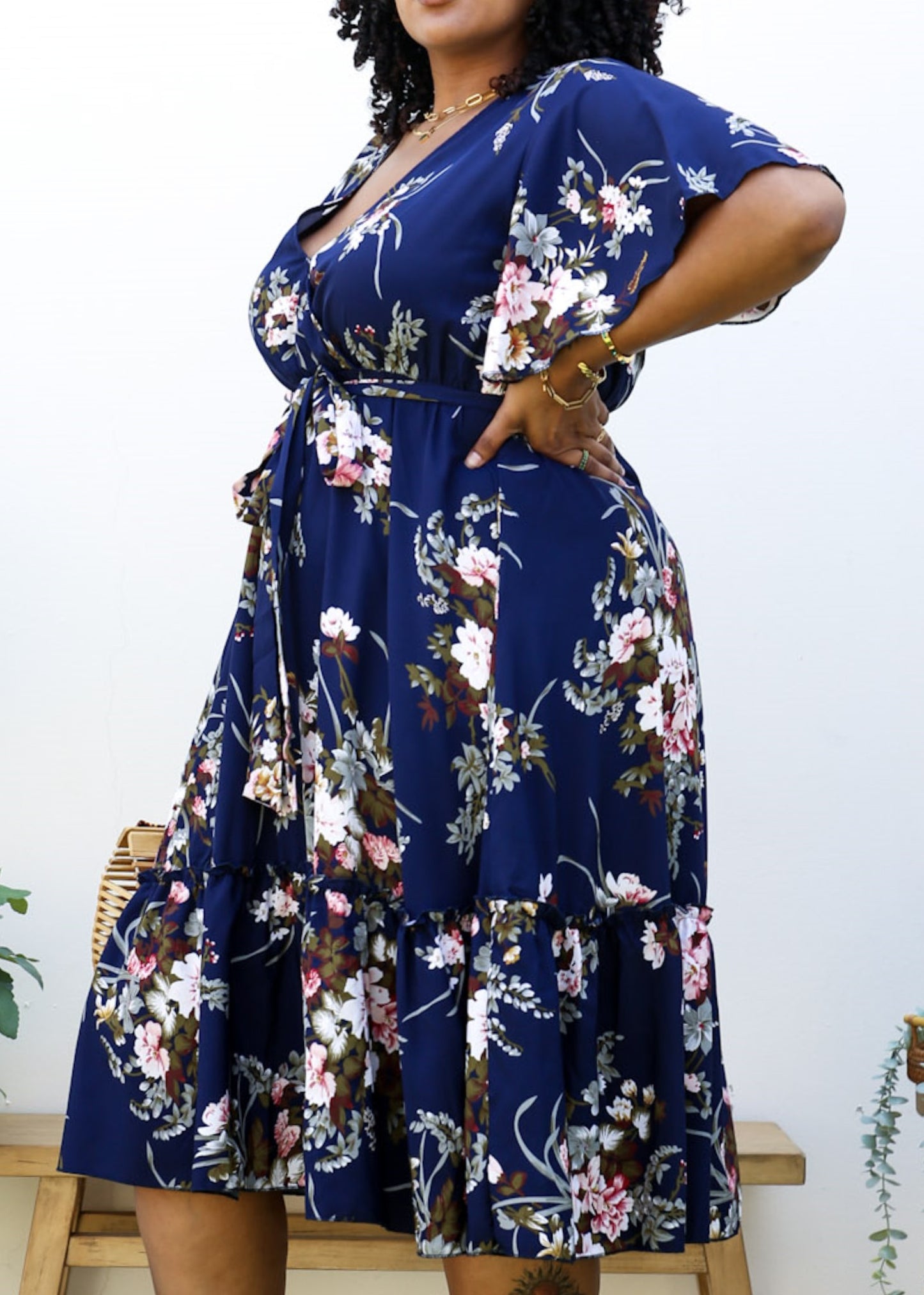 Plus Size V Neck Floral Print Flowy Navy Maxi Dress