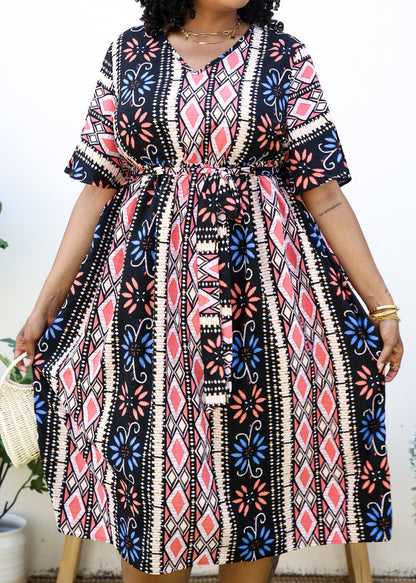 Plus Size Geometric Pattern Print Midi Dress with Tied Belt Waist