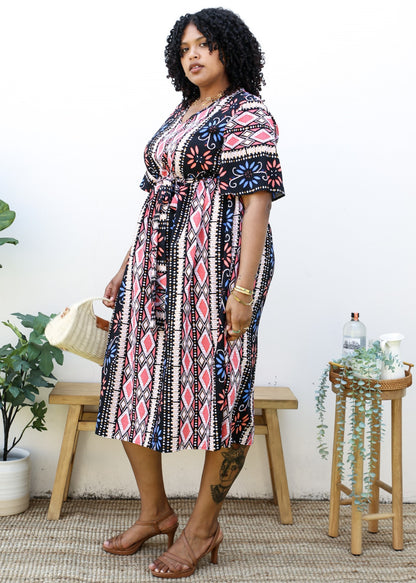 Plus Size Geometric Pattern Print Midi Dress with Tied Belt Waist