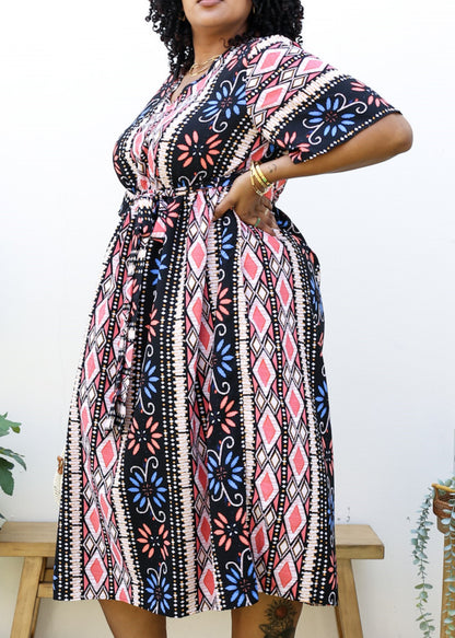 Plus Size Geometric Pattern Print Midi Dress with Tied Belt Waist