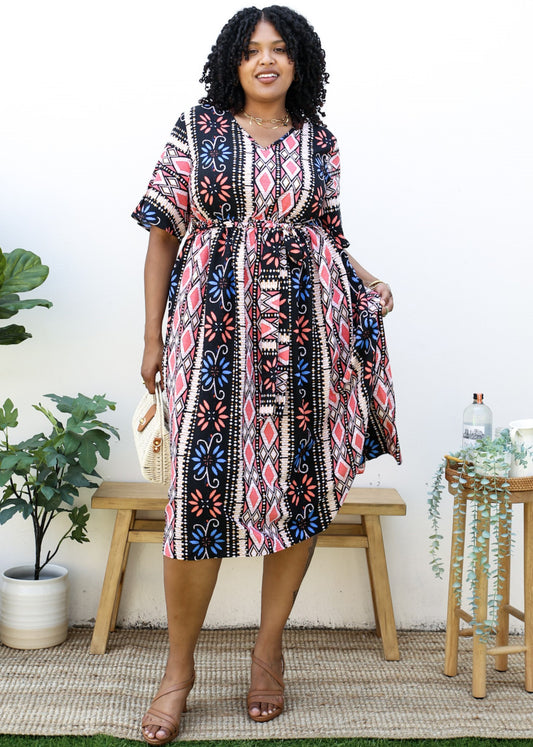 Plus Size Geometric Pattern Print Midi Dress with Tied Belt Waist