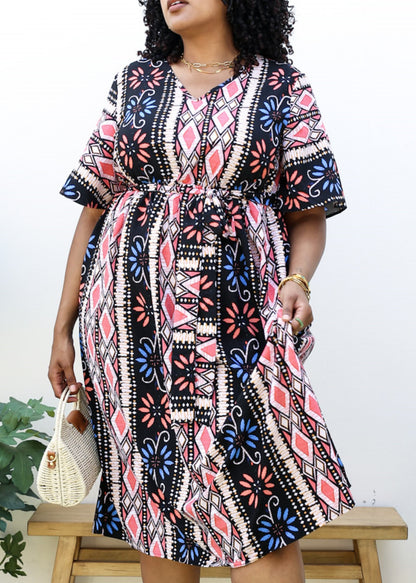 Plus Size Geometric Pattern Print Midi Dress with Tied Belt Waist