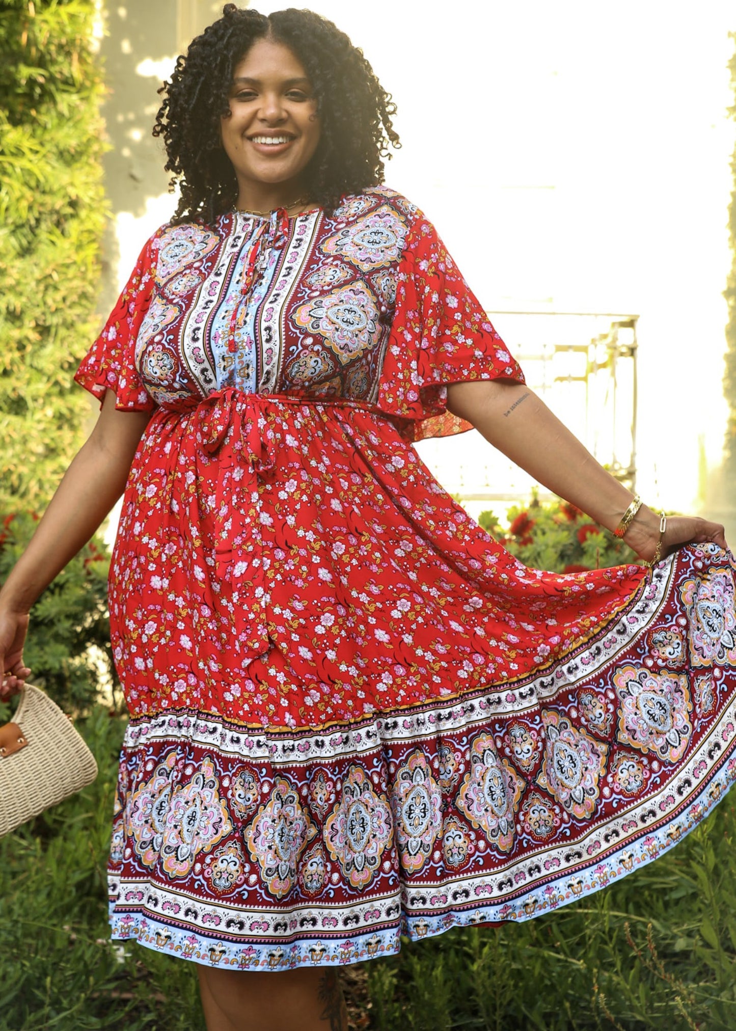 Plus Size Paisley Floral Boho Print Tie Waist Midi Dress