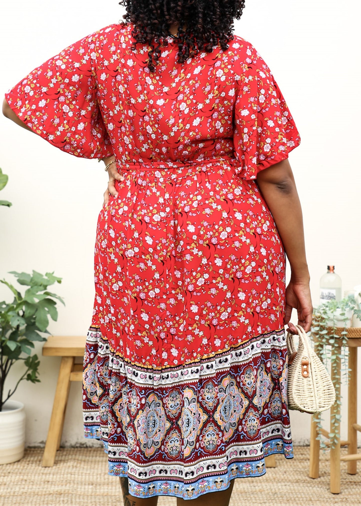 Plus Size Paisley Floral Boho Print Tie Waist Midi Dress