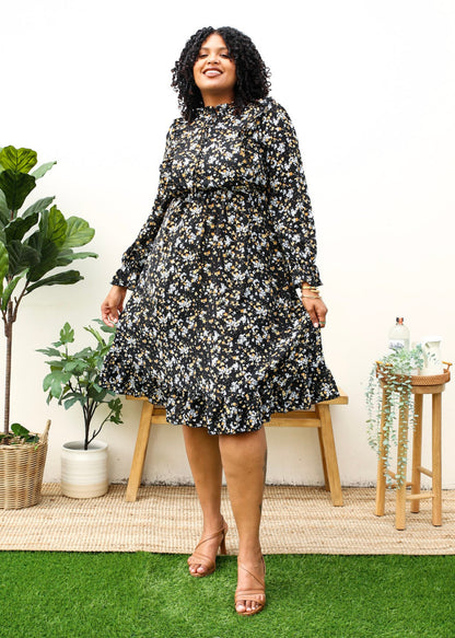 Plus Size High Neck Ruffle Cuffs Floral Print Black Midi Dress