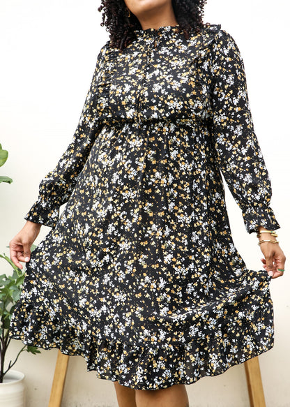 Plus Size High Neck Ruffle Cuffs Floral Print Black Midi Dress