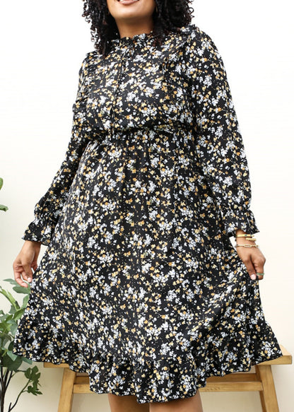 Plus Size High Neck Ruffle Cuffs Floral Print Black Midi Dress