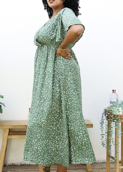 Plus Size V-Neck White Floral Print Wrap Maxi Dress