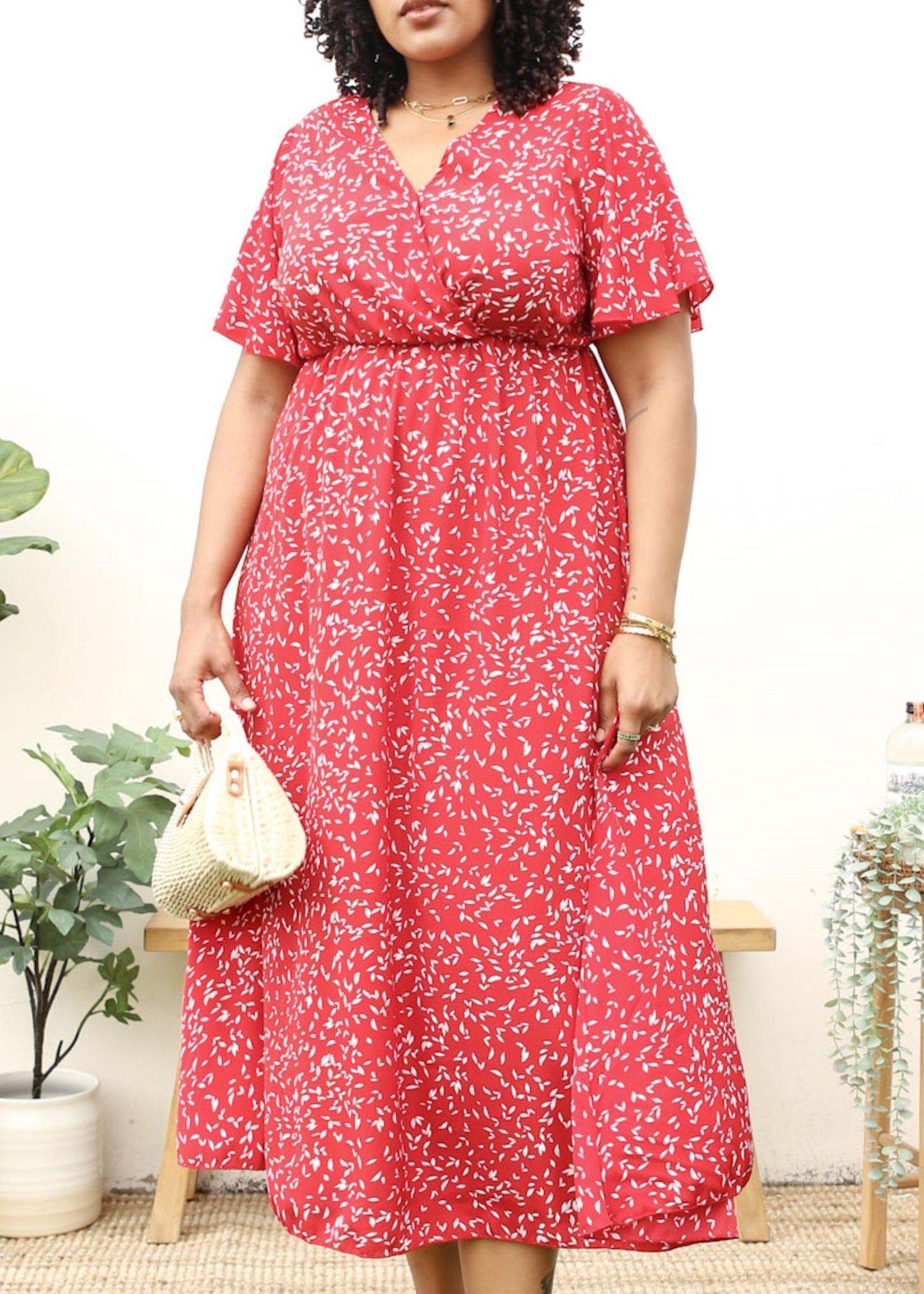 Plus Size V-Neck White Floral Print Wrap Maxi Dress