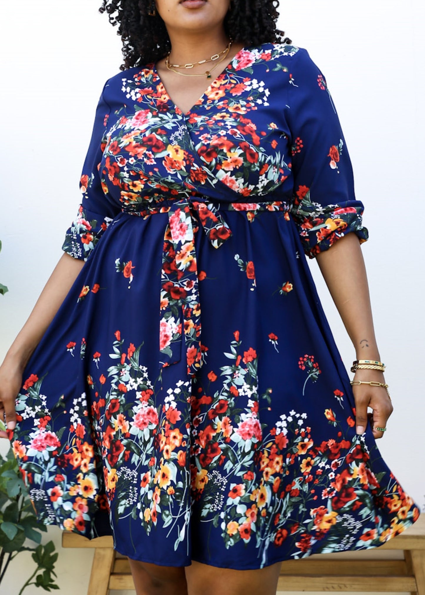 Plus Size Floral Mix Print Tied Belt Waist Navy Midi Dress