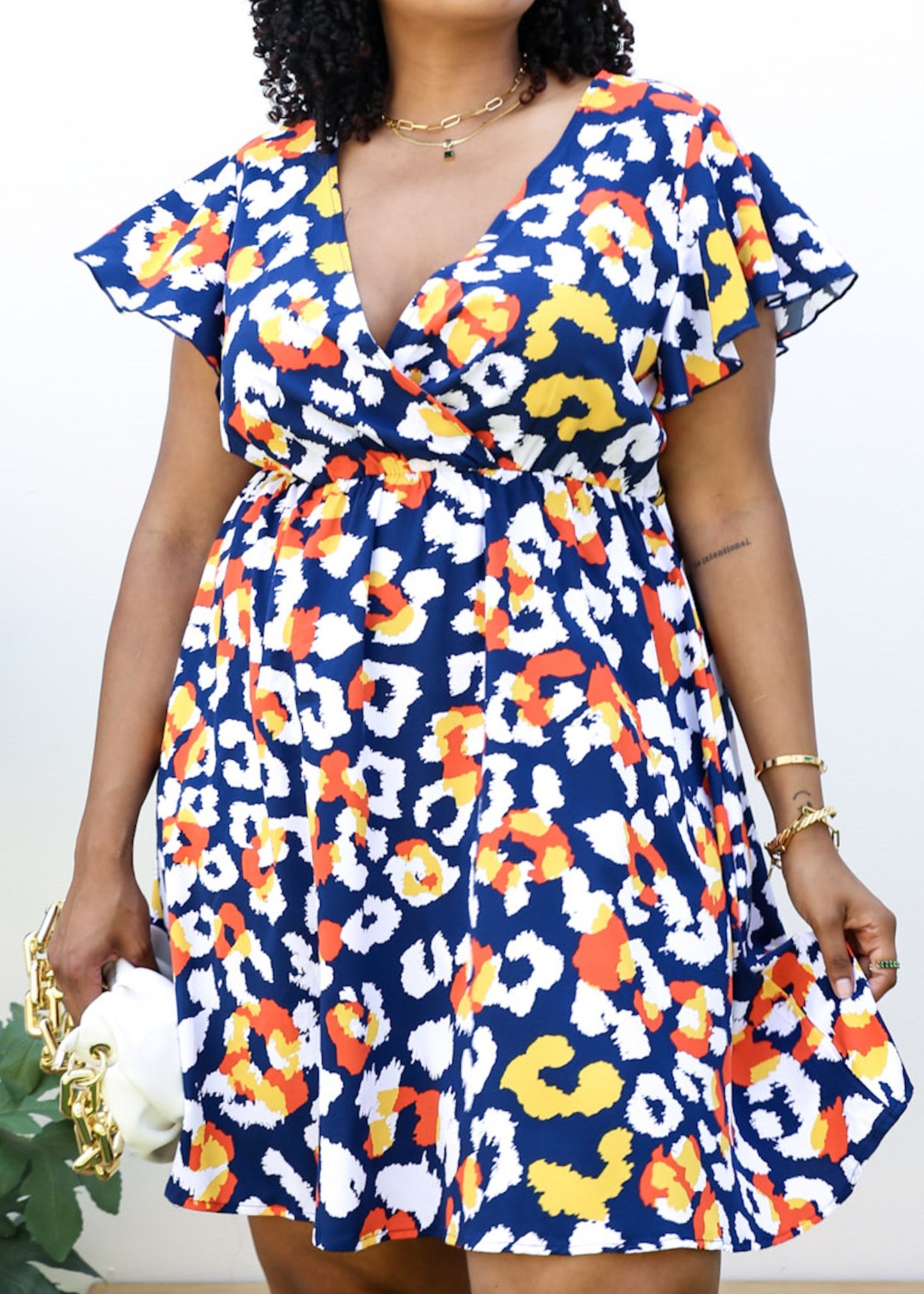 Plus Size Abstract Print Ruffle Sleeve Wrap Dress